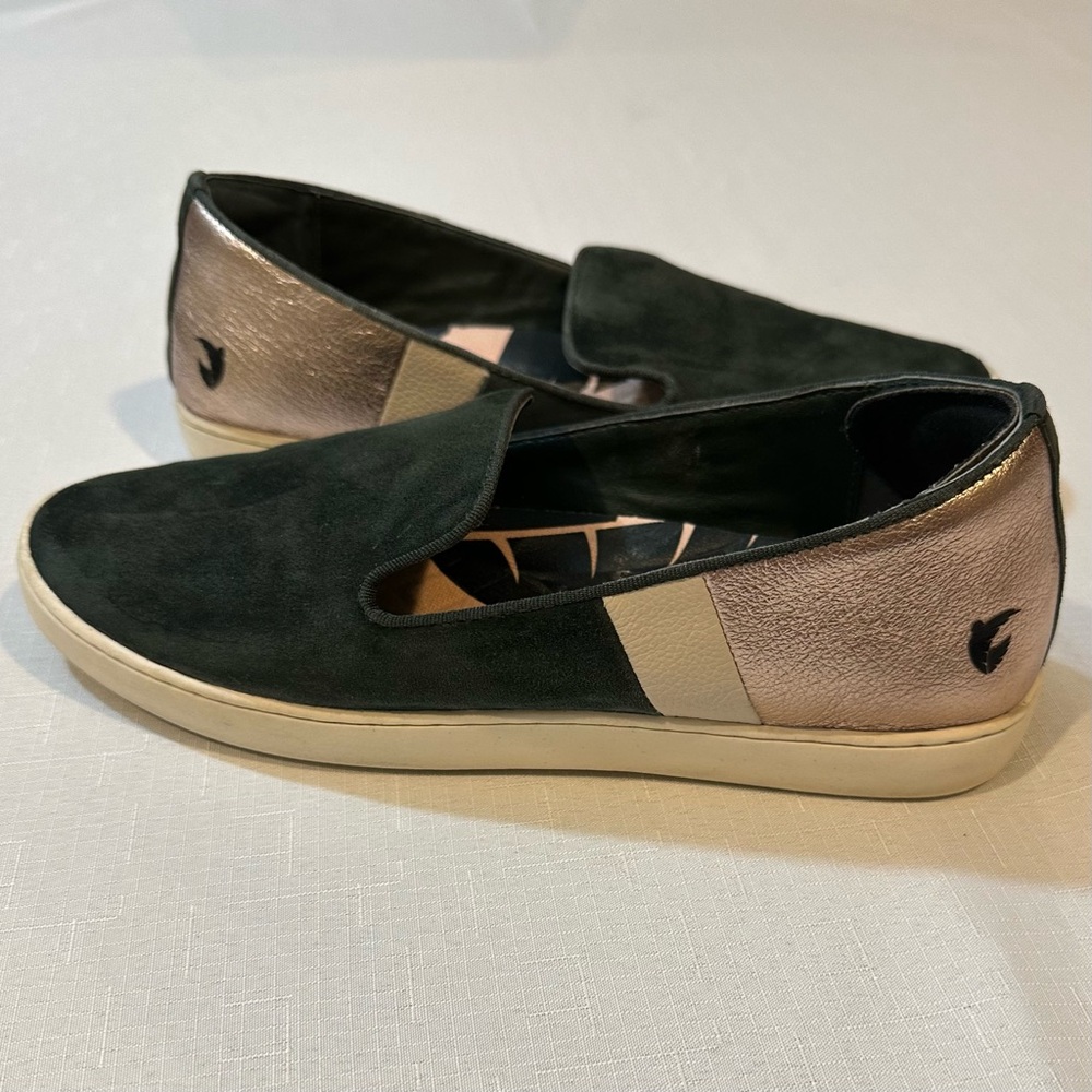 Birdies Angel City Green Suede Slip-On Loafers Rose Gold Heel Women’s 9.5